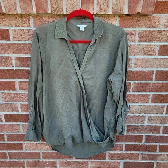 Cato Shirt Women's Size 18/20W Green Mock Wrap Chambray Convertible Sleeves - Picture 1 of 8